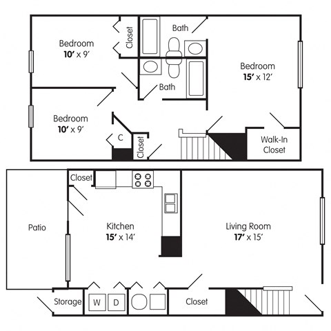 Floor plan for 3 beds, 2 baths, 1309 sqft